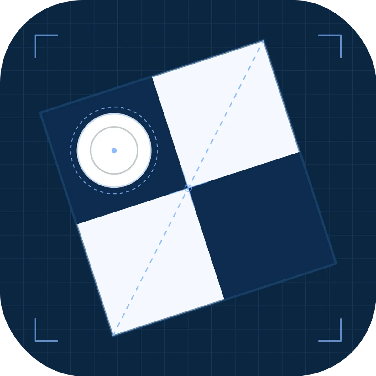 DeepDame app icon — two overlapping checkerboard squares on a dark blueprint background, with a white checkers piece and a dashed diagonal move line