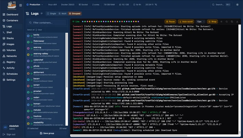 Dockhand showing merged live logs from 25 containers across the home lab