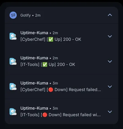 Gotify: Uptime-Kuma reporting the two services down and back up