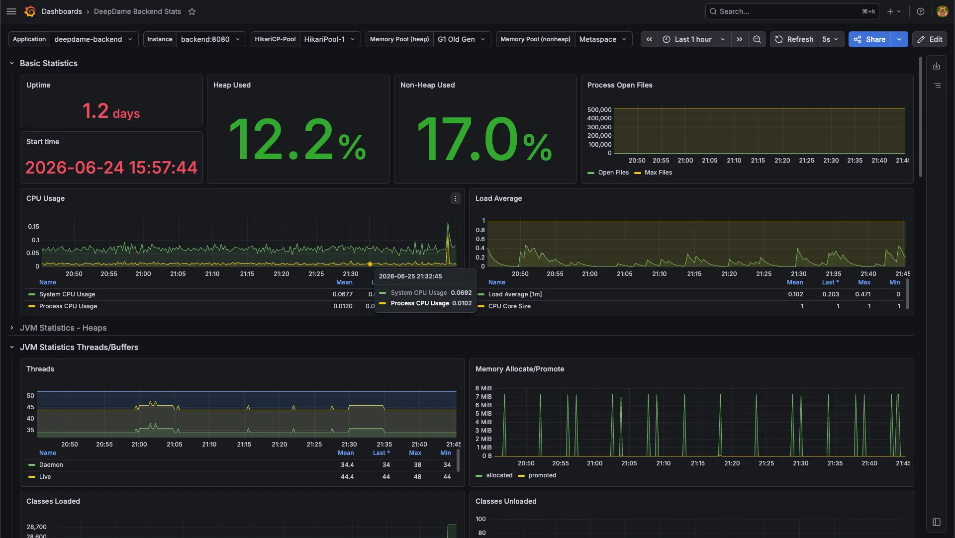 The DeepDame backend on Grafana: heap, CPU, threads, GC churn, and the HikariCP connection pool, none of which the app or btop will show you