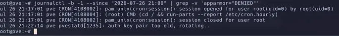 Focused cropped screenshot of the journalctl command, showing logs abruptly stopping with no further kernel entries.
