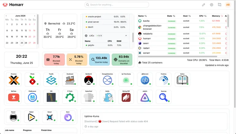 Homarr: one screen pulling together containers, VMs, Pi-hole, and Uptime-Kuma