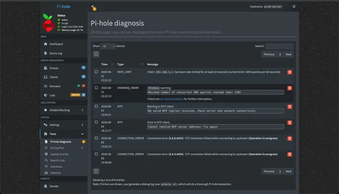 Pi-hole diagnosis warnings showing rate-limiting enforced on the router IP and max concurrent queries reached.